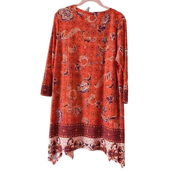 White Mark Floral Tunic Top 1XL 3/4 Sleeve Boho Assymetric Hem Red Orange Womens - Picture 4 of 6